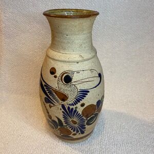 Handmade Ceramic Vase Toucan Bird Blue Floral Earth Tones Decorative Collectible